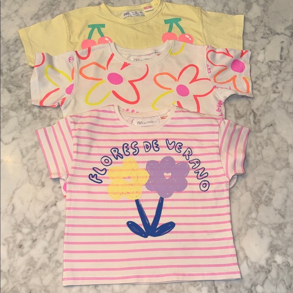 Zara Kids Floral and Striped Tops - Yellow, White, Pink Bundle 4Y
